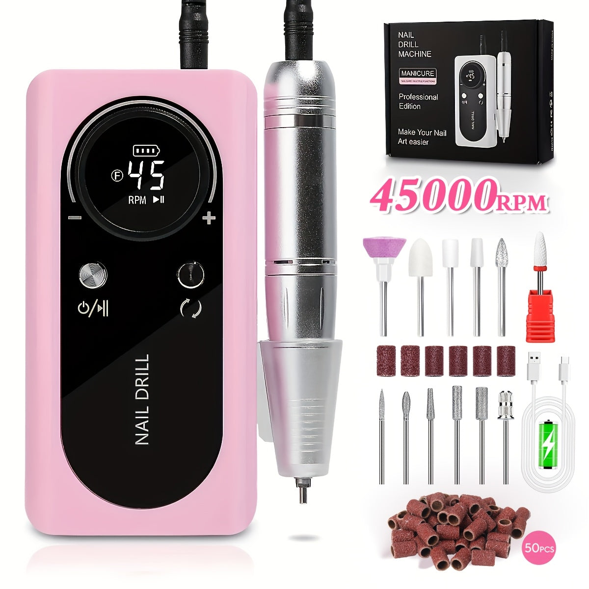 Low Noise Nail Drill Machine 45000RPM Rechargeable with LCD Display — Quiet Electric E-File for Gel Polish Acrylic Natural Nails, Professional Cordless Nail Sander for Home & Salon Manicure, White Purple Pink