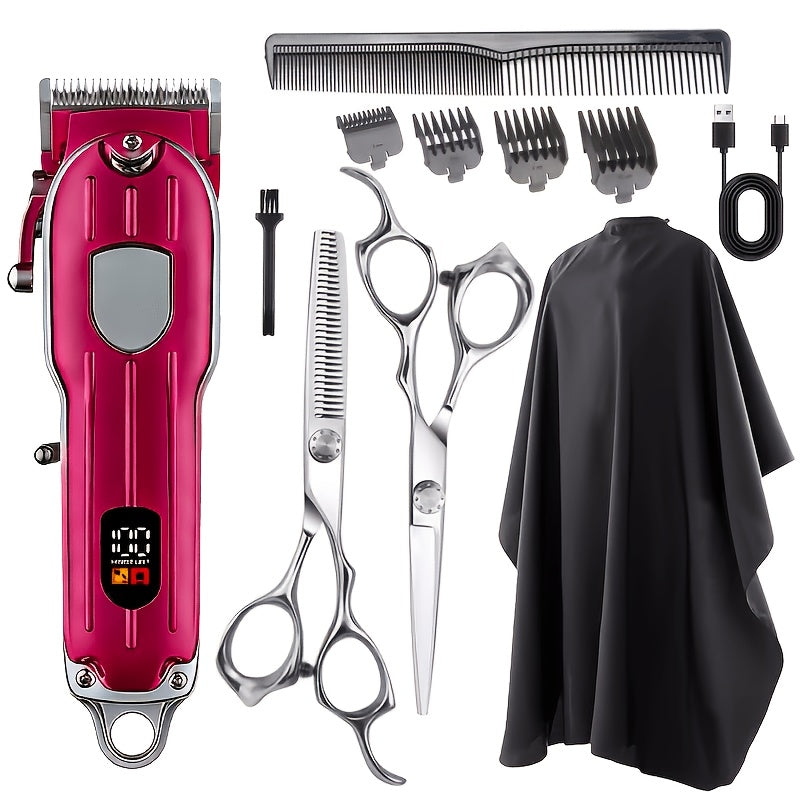 Barber Hair Clipper Kit for Men — USB Rechargeable Digital Size Adjustment, Complete Set with Scissors & 4 Limit Combs, Professional Home Barbering Grooming Set, Gift for Dad & Husband