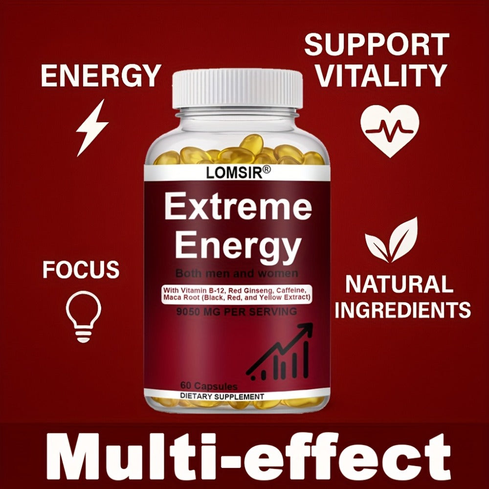 Red Ginseng Energy Capsules 9050mg with Maca & Saw Palmetto – Everyday Vitality & Stamina Supplement for Men & Women | Natural Energy Booster Softgels | 60 Count