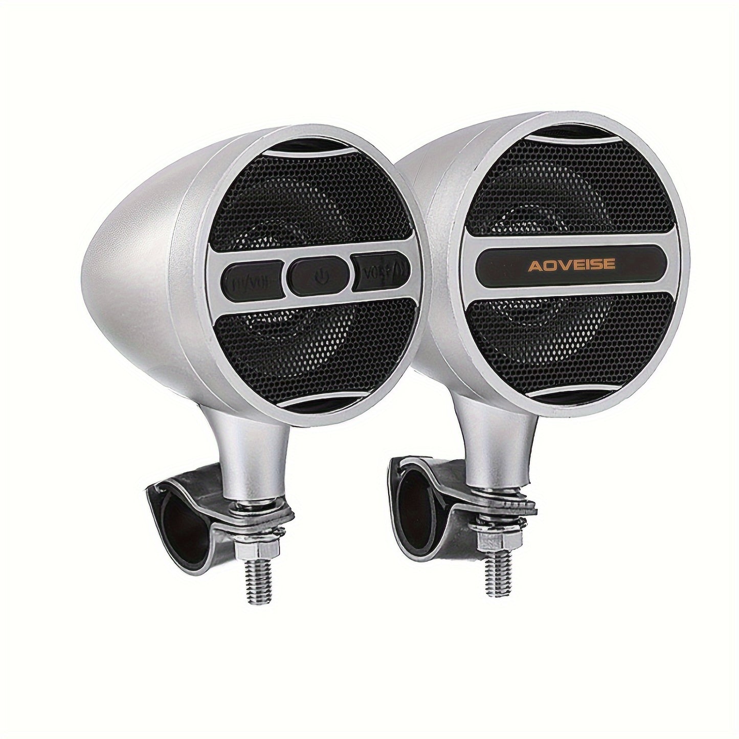 Motorcycle Bluetooth Stereo Speaker System with Built-In Amplifier – 3" Handlebar Mount Speakers, MP3 & USB, 12V, 20W×2 for ATV, Dirt Bike & Cruiser, Waterproof Radio Antenna, Black / Silver