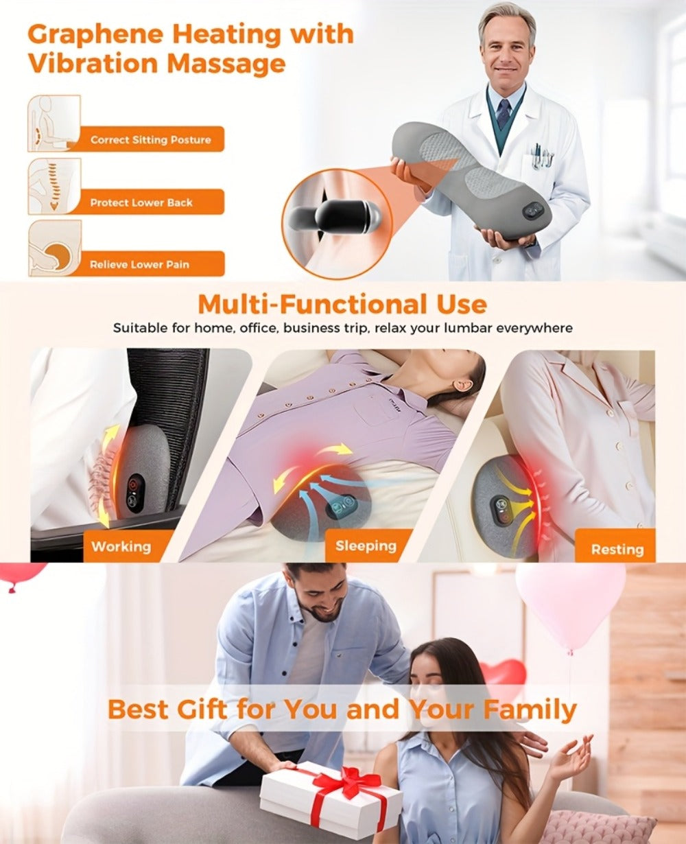 Lower Back Massager with Heat – 3-in-1 Lumbar Support Pillow with Vibration & Traction for Back Pain Relief | USB Powered, Ideal for Car, Office Chair, Bed & Home Use