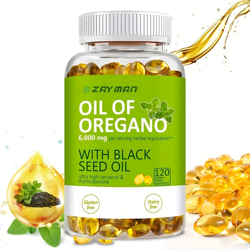 Wild Oregano Oil Softgels 6000mg with Black Seed Oil Carvacrol & Thymol for Immune Support Antifungal Antimicrobial Defense Gut Health & Respiratory Support — Dairy-Free Gluten-Free 120 Capsules Women & Men