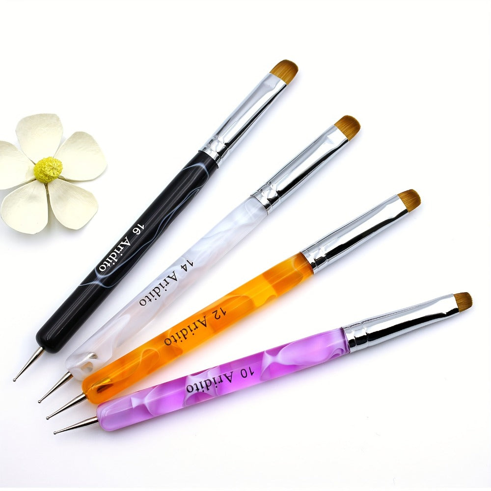 Nail Art Brush Set 4pcs Fine Tip Detail Brushes with Dotting Tool - Nylon Bristle Precision Manicure Brushes #10 #12 #14 #16 for Gel Acrylic French Nail Designs, Salon & Home Use