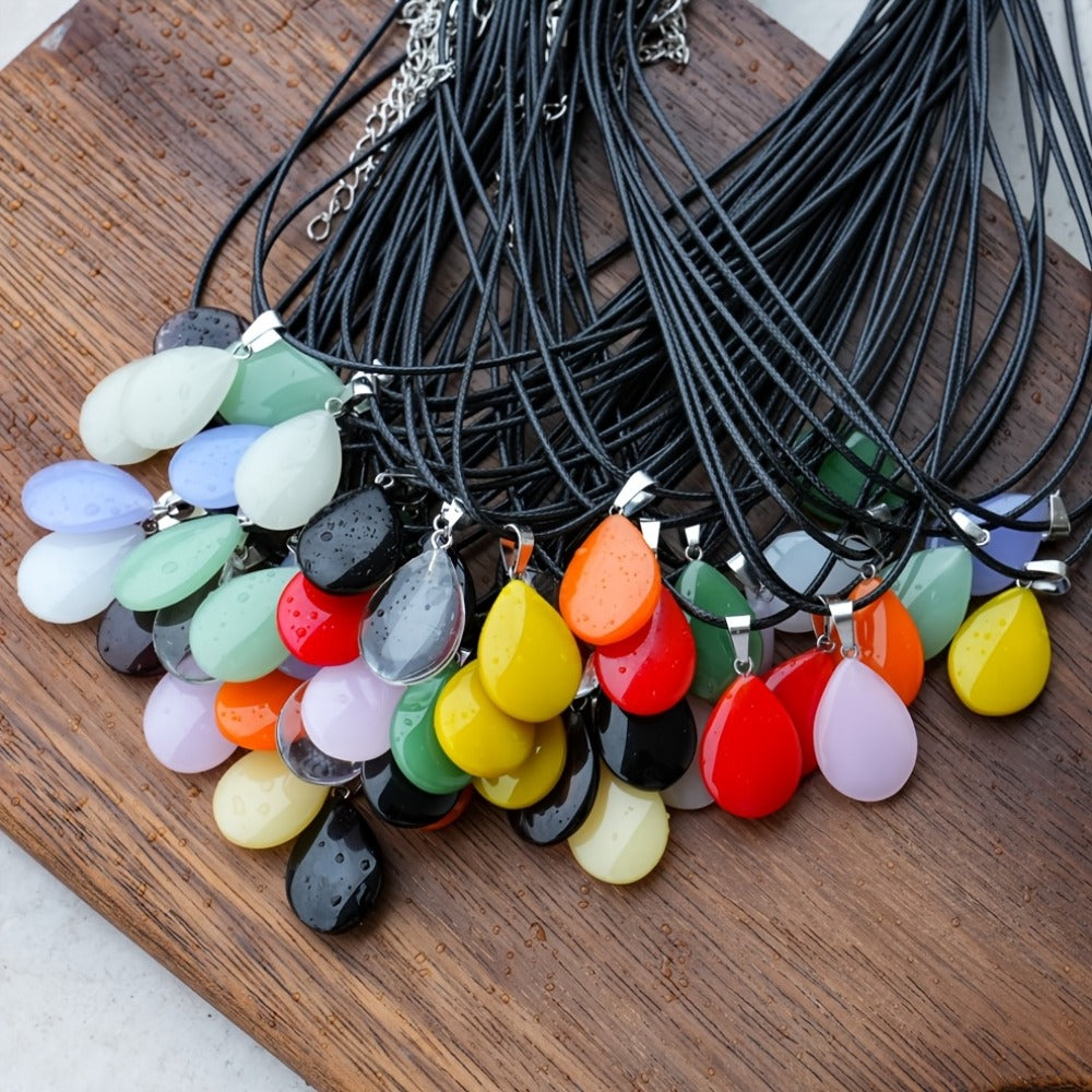Crystal Pendant Necklace Set 40-Pack – Multicolor Water Droplet Artificial Crystal Pendants with Faux Leather Cord, Fashionable Chic Jewelry for Festival, Party & Everyday Wear, Gift Idea