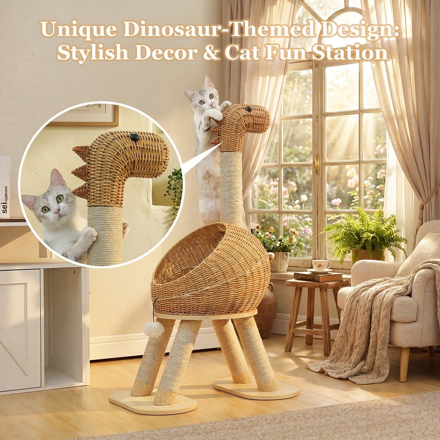 Dinosaur Cat Tree Tower 46 Inch – Large Rattan Cat House with 4 Sisal Scratching Posts, Wicker Bed & Removable Mat, Multi-Level Platform for Large Indoor Cats, Maine Coon Friendly, Brown