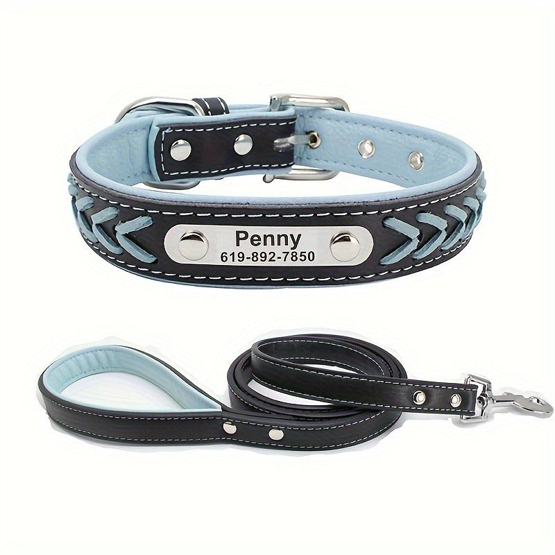 Personalized Dog Collar & Leash Set with Engraved Name Tag – Reflective Custom Collar for Small, Medium & Large Dogs and Cats | XS–XL
