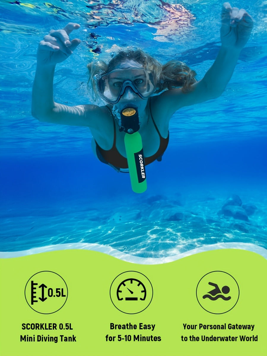 Mini Scuba Tank & Full Face Snorkel Mask Set with Hand Pump - 0.5L 6061 Aluminum Diving Tank, 180° Wide View Anti-Fog Mask, 200 Bar Capacity, 35 Breaths Underwater, for Snorkeling Exploration Diving Beginners