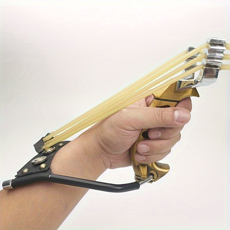 Heavy Duty Metal Slingshot with Wrist Brace – Powerful Hunting Catapult with Rubber Bands & Clay Balls