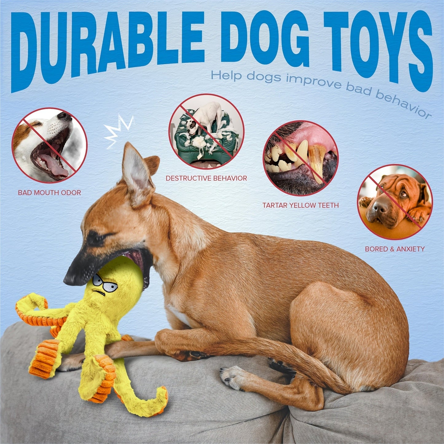 Tough Dog Chew Toy Octopus - Squeaky Stuffed Interactive Dog Toys for Large Dogs, Crinkle Tug of War Plush Dog Toy to Keep Dogs Busy, Durable Dog Toys 1/2/4 Pack - Blue & Yellow Octopus