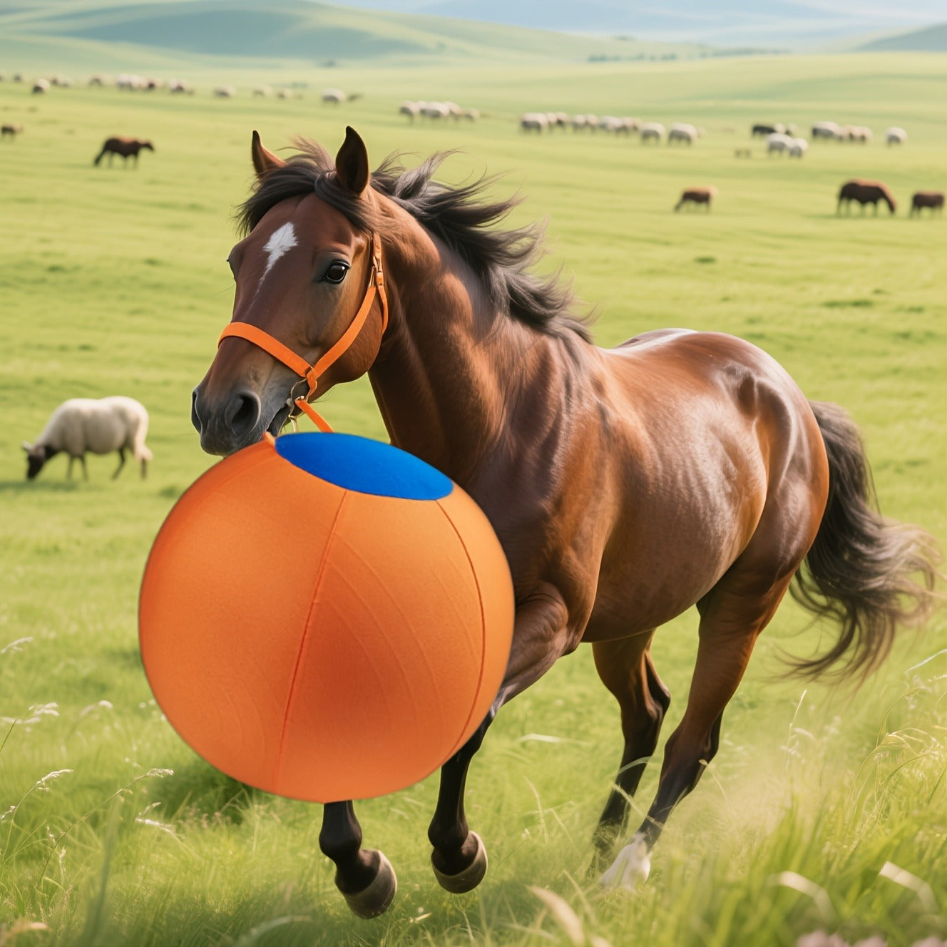 Horse Training Ball 21.7" Anti-Burst Silicone Grazing Ball with Cover & Hanging Belt for Horses Goats Dogs, Large Stable Toy Boredom Buster Ball for Equine Play & Exercise, Blue & Orange