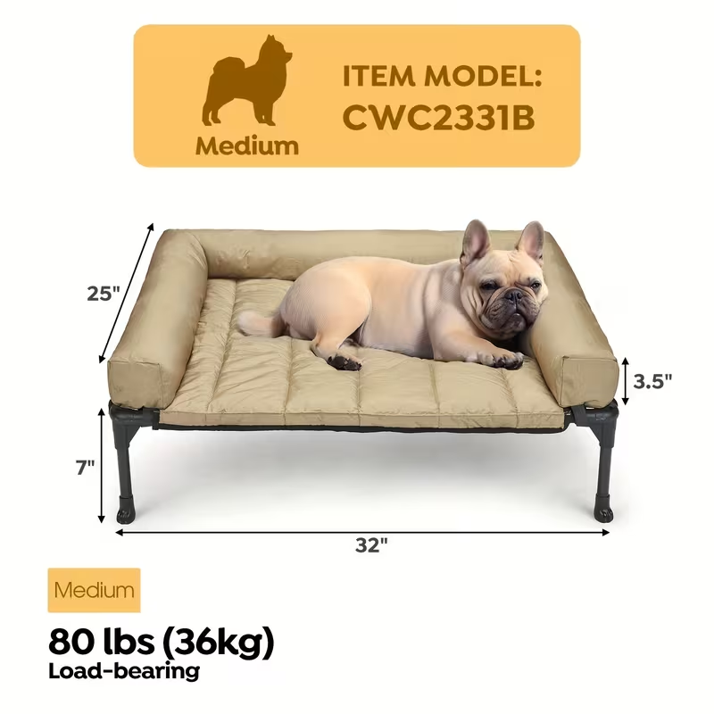 Elevated Dog Bed with Cooling Mesh & Removable Bolster Pillow Top Mat – Raised Dog Cot Bed, No-Slip Feet, Breathable Dog Sofa Bed for Indoor & Outdoor Use