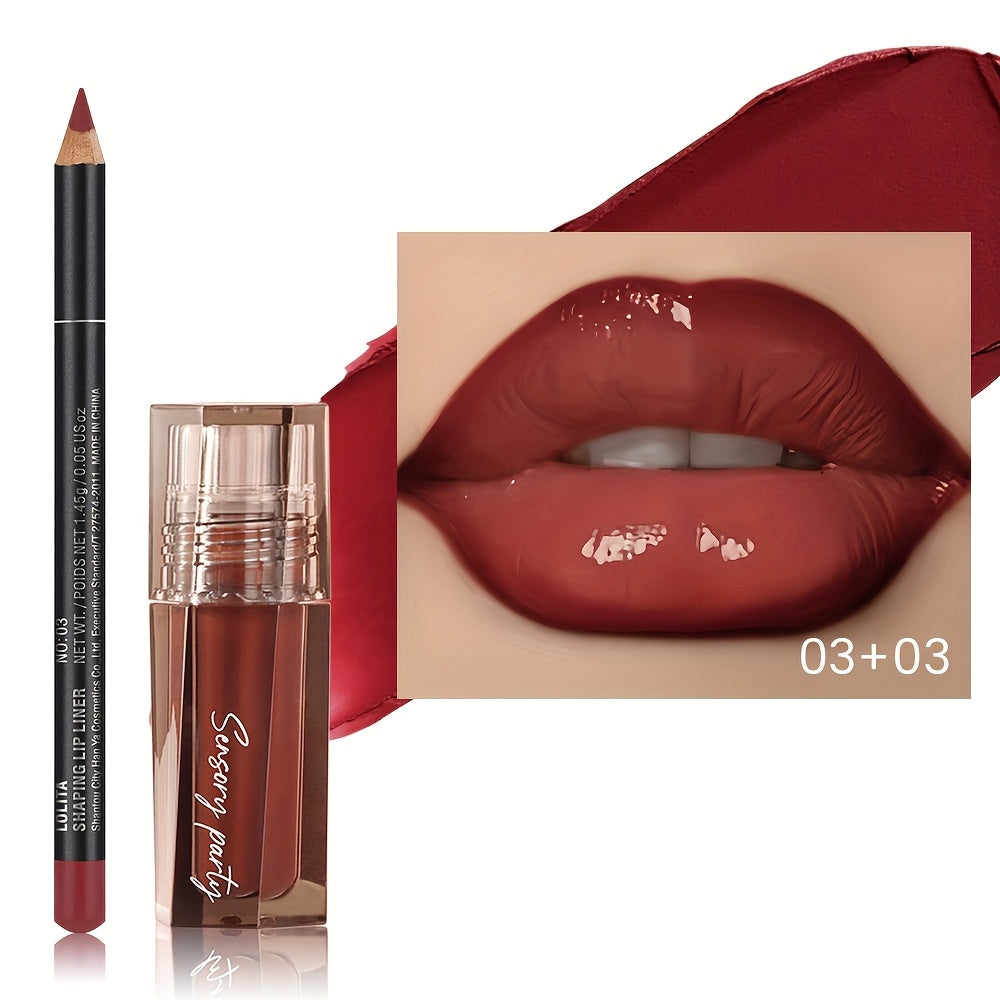 Lip Gloss Lip Liner Set Hydrating Water-Gloss Dewy Finish - 3D Precision Contour Matte Liner Moisturizing Plumping Lip Makeup Duo for Women All Skin Tones Daily Glam