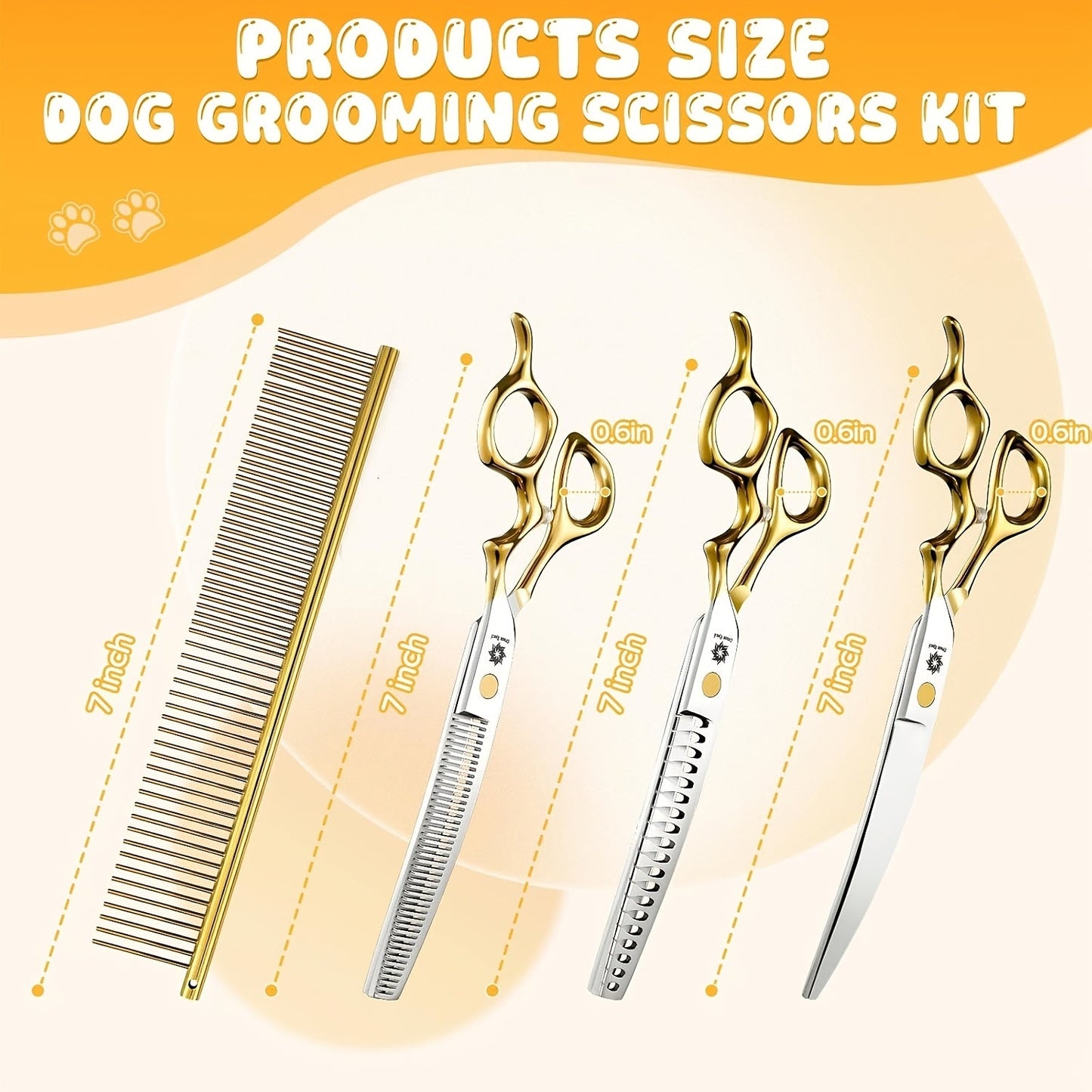 Curved Dog Grooming Shears Set 7 Inch - 440C Stainless Steel Curved Scissors Thinning Chunker Comb Ergonomic Handle Professional Pet Trimming Kit with Storage Bag