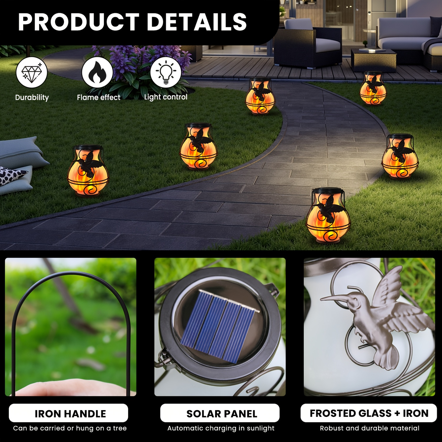 Solar Hummingbird Flame Torch Lights Outdoor Waterproof IP44 Hanging Flickering Garden Lanterns Patio Yard Pathway Decor Stake Lights