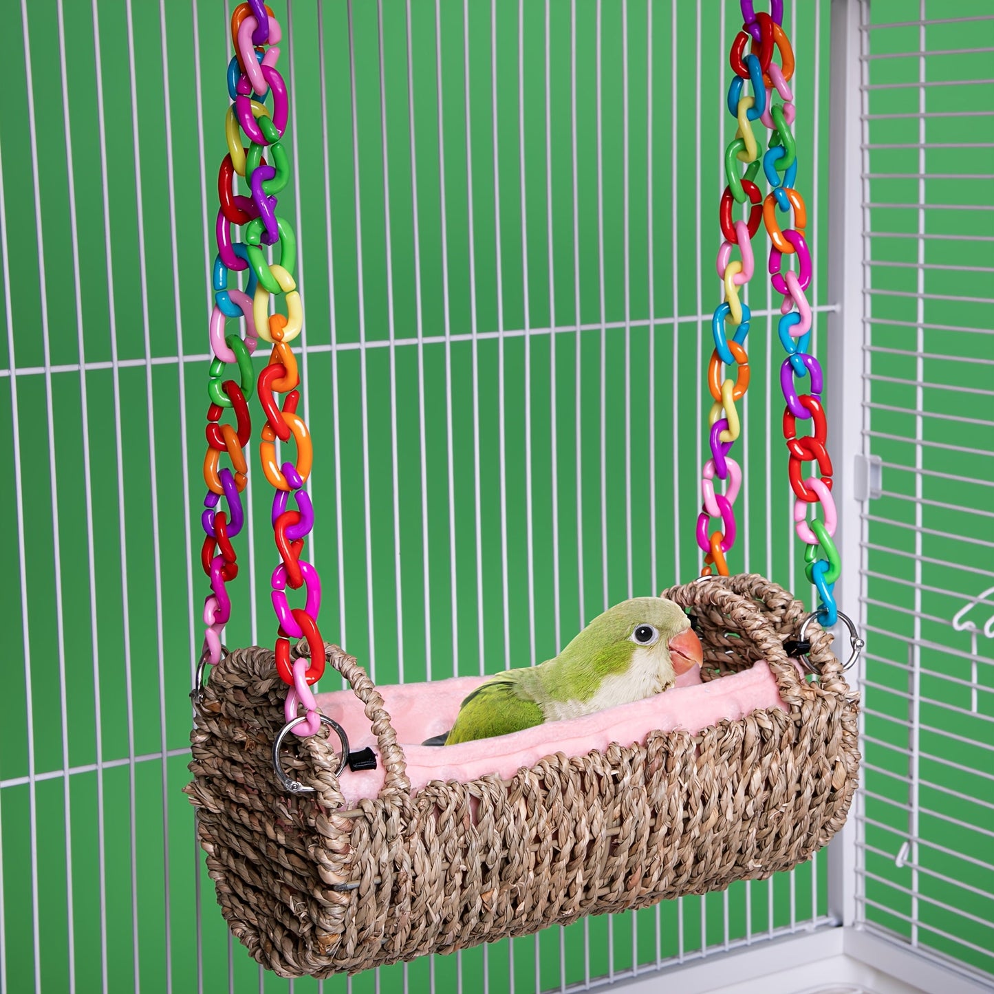 Parrot Nest with Mat Rattan Swing Toy All Season Bird Hammock Hanging Perch for Baby Parrots Cockatiels Conures Budgies Colorful Chain Included