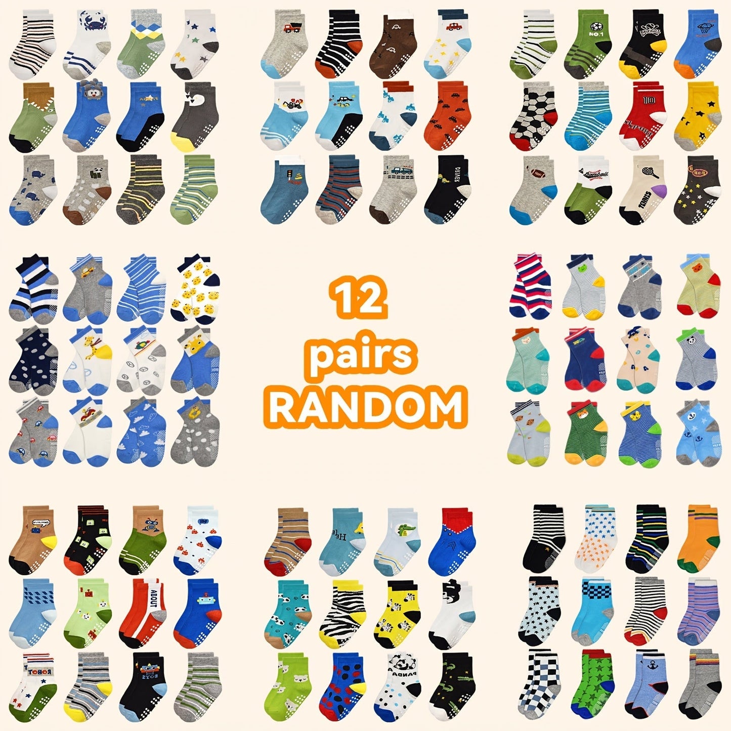 Kids' Assorted Non-Slip Crew Socks - 12/24-Pair Options