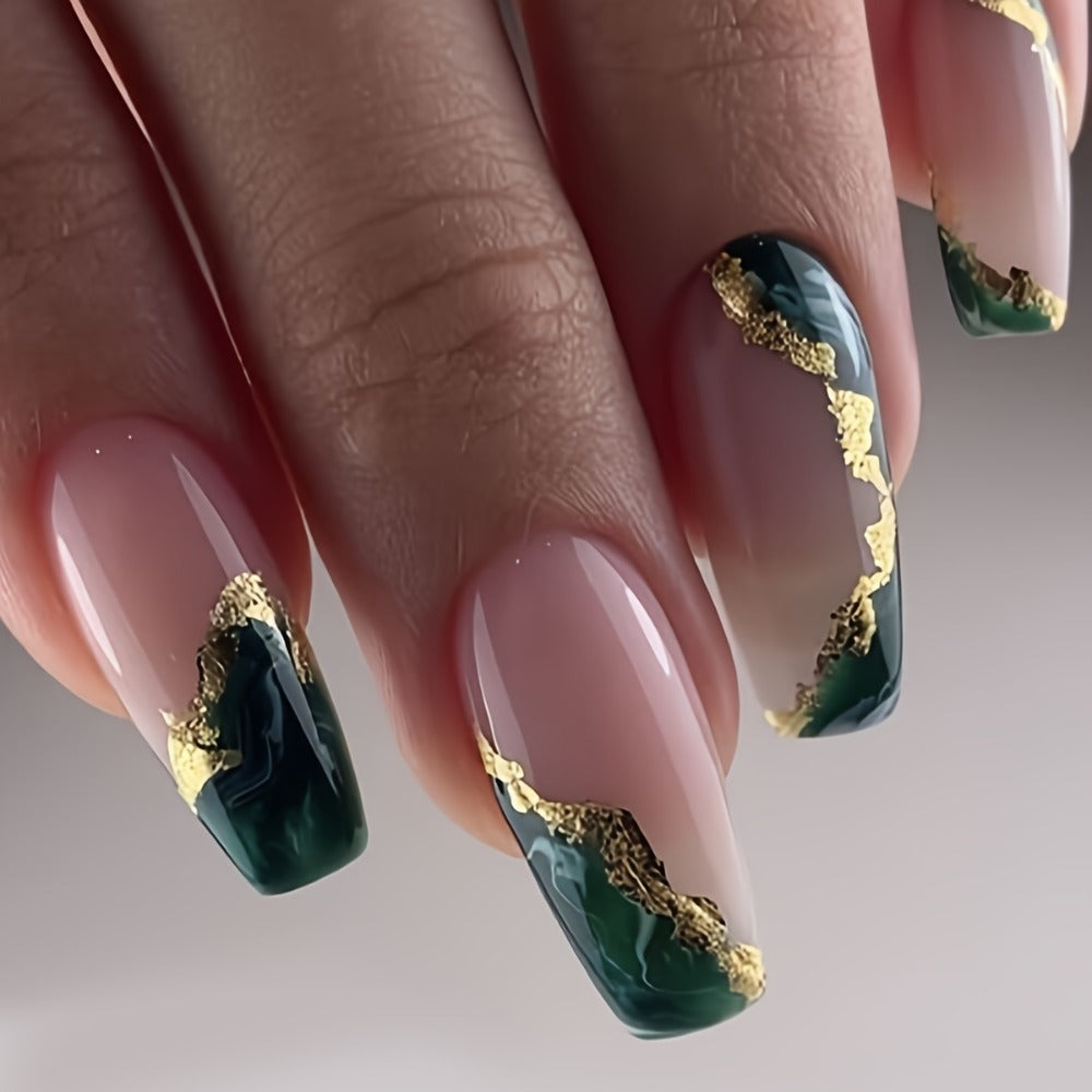 Coffin Nails 144 Pieces 6 Packs Medium Blue Marble Sequins Glossy Press On Nails – Full Cover Acrylic Fake Nails with Nail Glue Included Nude & Blue False Nails for Women Girls