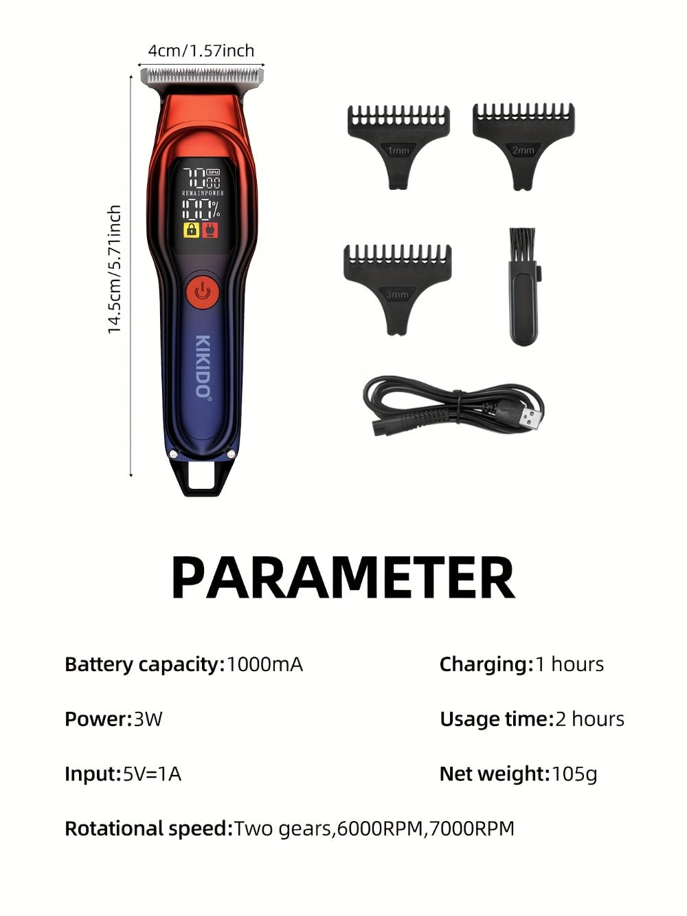 Electric Hair Clipper USB Rechargeable KK-A2 — Portable Trimmer with LED Display, 2-Speed Adjustable 0-100 RPM, Interchangeable Limit Comb, Fast Charging, Home & Travel Grooming for Men & Women