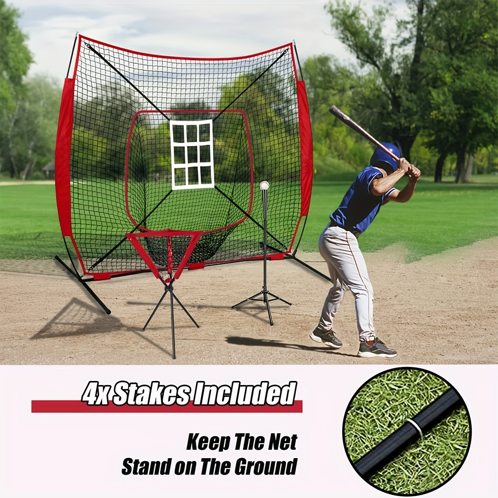 Baseball Practice Net 7x7ft – Complete Hitting & Pitching Training Set with 12 Baseballs, Bow Frame, Batting Tee, and Tote Bag, Portable Backyard Softball Throwing Net for Kids & Adults