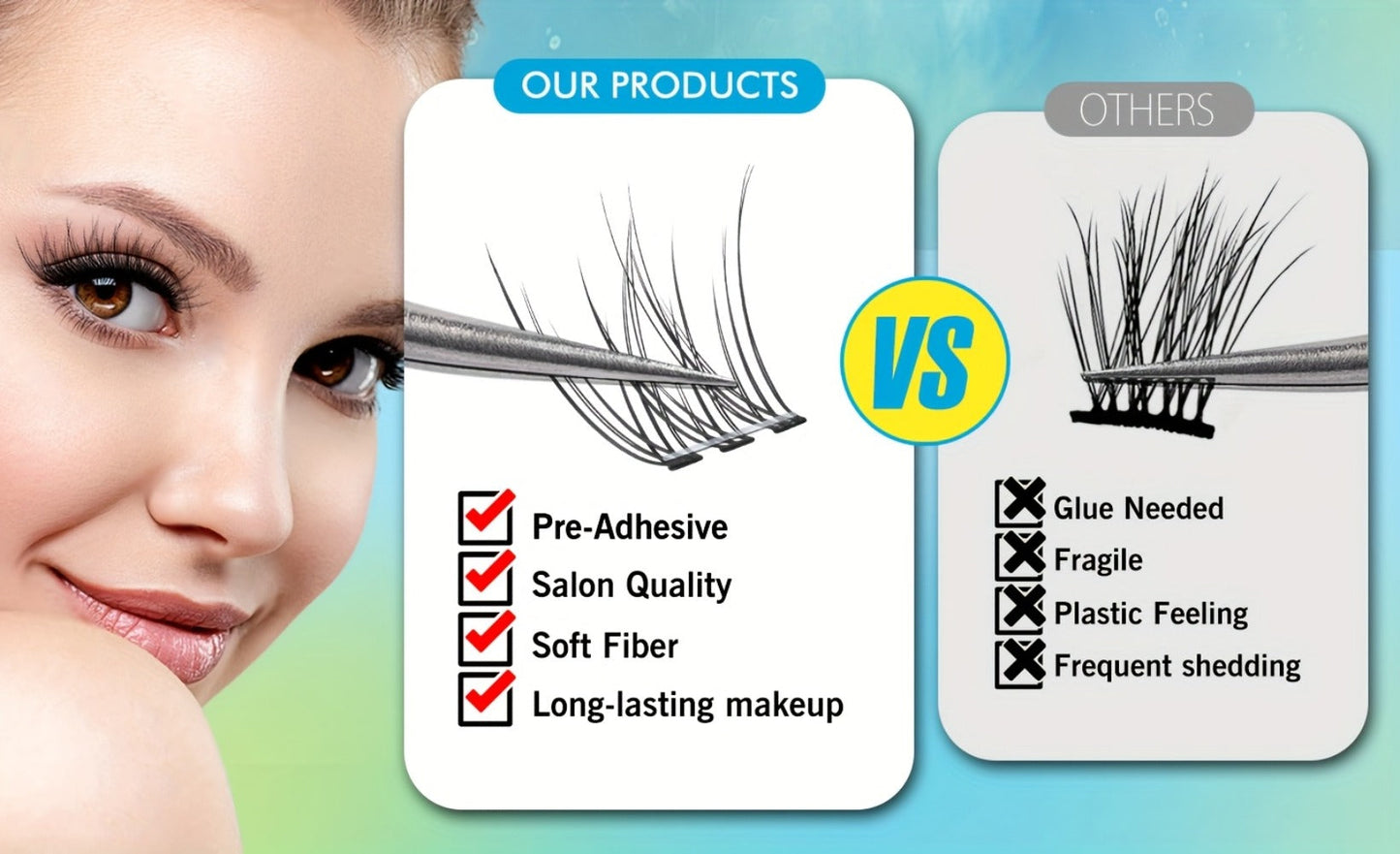 Pre-Glued Wispy Press-On Lash Clusters Kit with 2 Tweezers — Self-Adhesive No Glue Needed, Natural & Thick Fluffy Volume, Reusable Beginner-Friendly Individual Cluster Eyelashes for Daily Wear