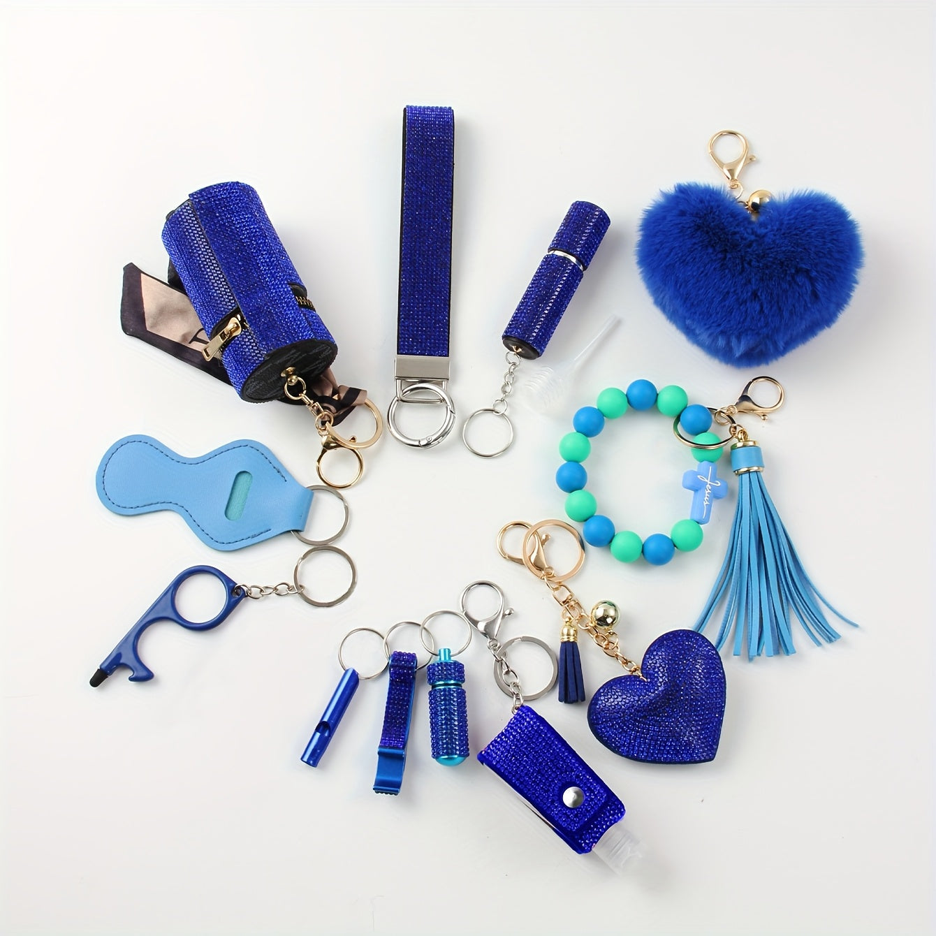 Rhinestone Keychain Set for Women 13-Piece – Safety Gadgets with Window Breaker Whistle Hand Sanitizer Holder Perfume Bottle Beaded Bracelet PU Tassel, Holiday Birthday Gift Box