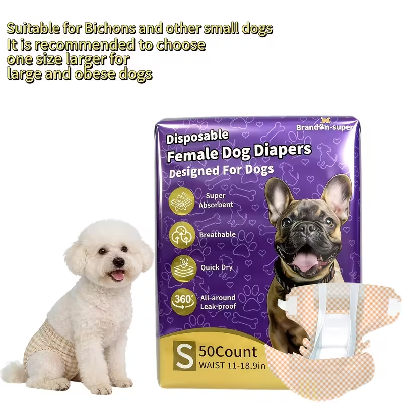 Disposable Dog Diapers 50-Pack for Male & Female Dogs - Super Absorbent Leak-Proof Pet Nappies, Comfortable Fit for Puppies, Senior Dogs, Incontinence & Post-Surgery Recovery, XXS to L
