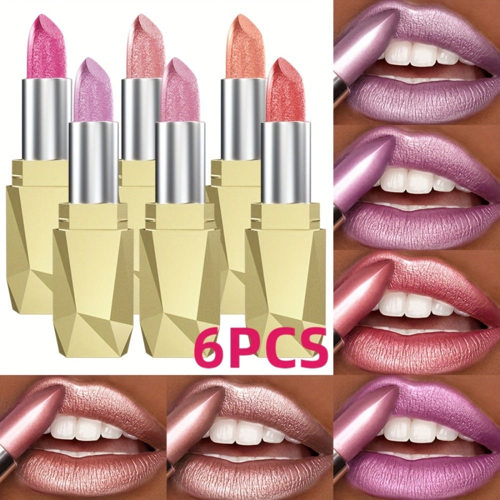 Shimmer Lipstick Set 6 Piece Waterproof Long Lasting Glossy Lip Color Coral Pink Red Purple Shades Makeup Kit for Women Travel Party Daily All Day Wear Gift