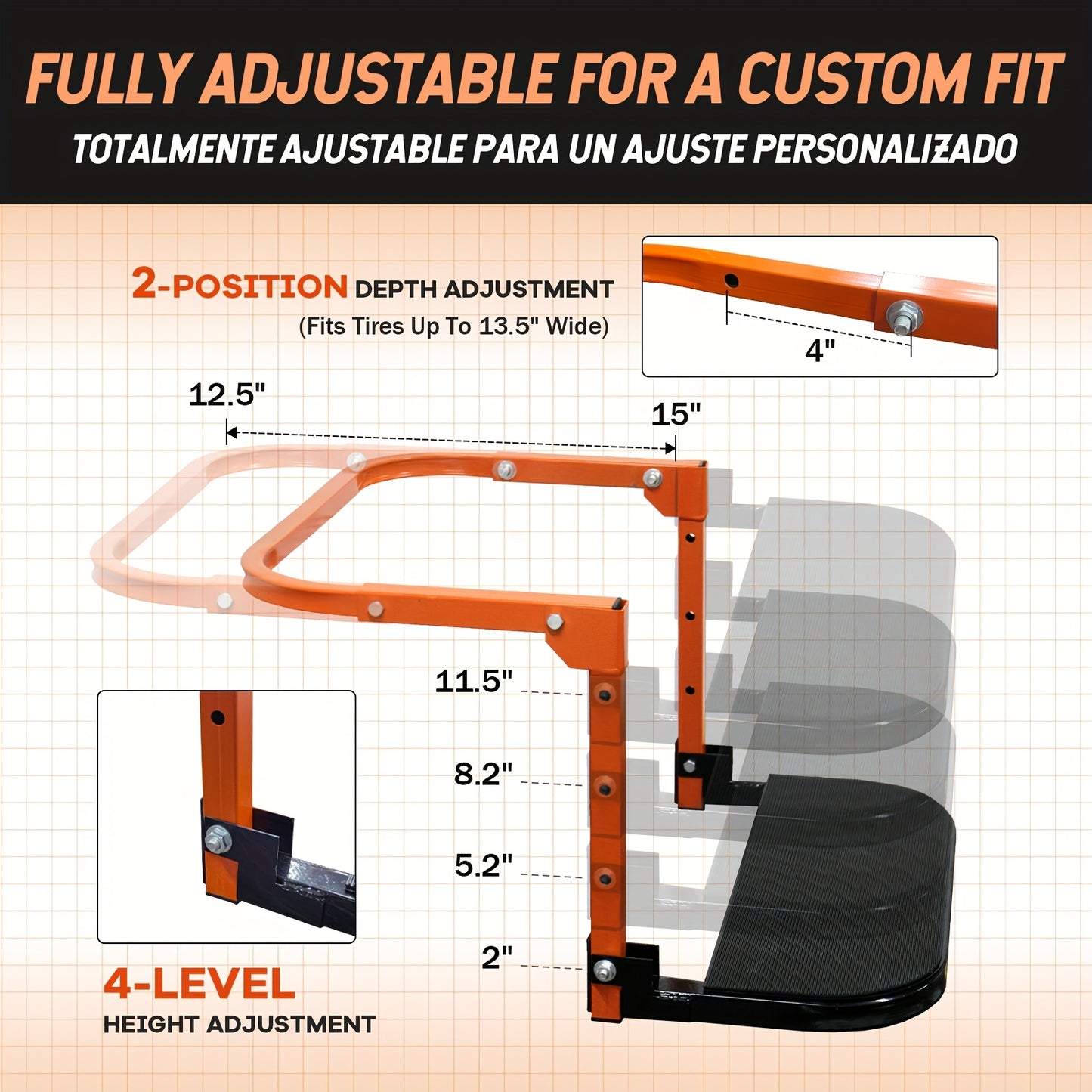 Tire Step Foldable Anti-Slip Thickened – 300 / 500 / 650 lb Capacity Adjustable Height for Truck SUV Trailer Maintenance, Fits Tires Up to 13.5" Wide, Portable
