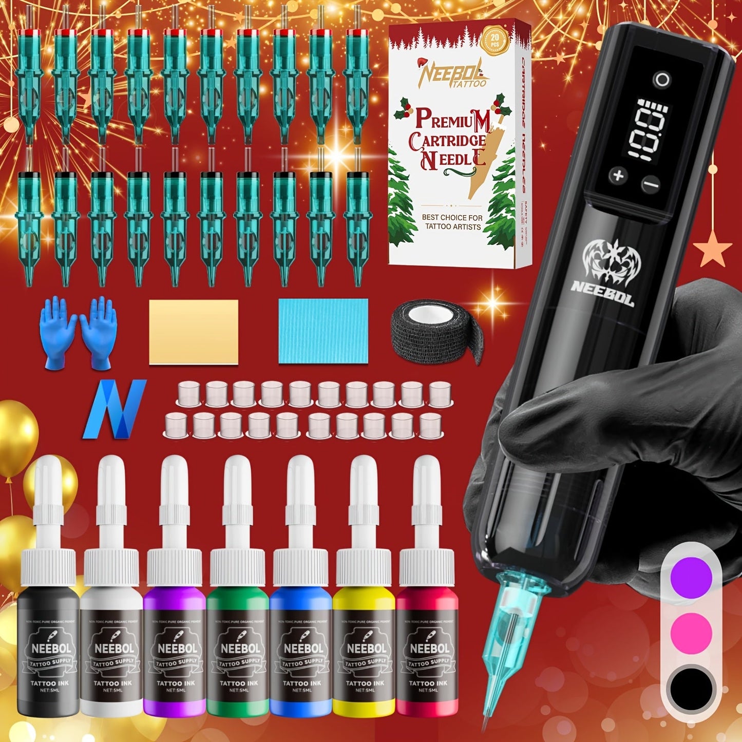 Cordless Rotary Tattoo Machine Kit Complete Set with Screen Display 6-8Hr Battery 20 Needles 7 Inks – Wireless Tattoo Pen for Beginners & Professional Artists Home Studio Red Pink Black