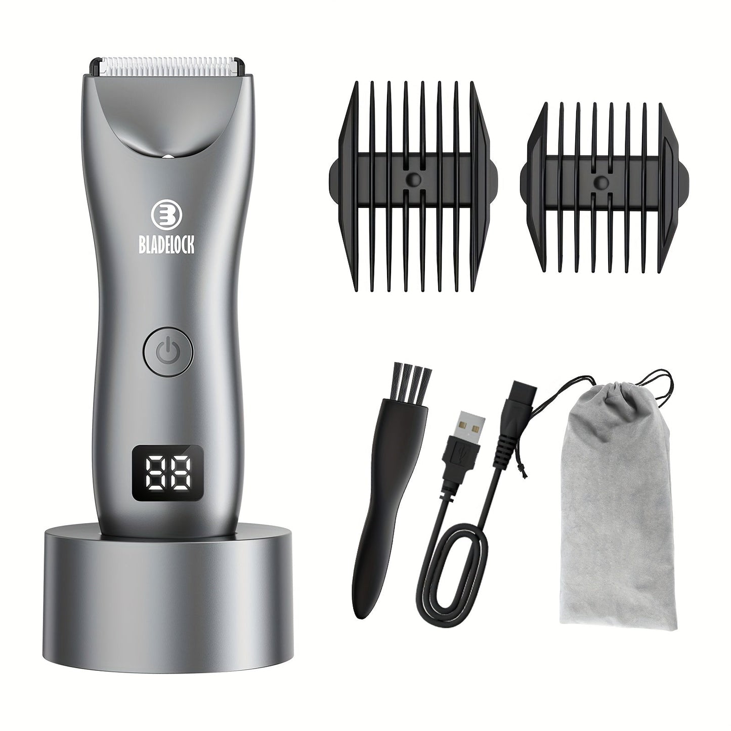 Manscaping Trimmer for Men IPX7 Waterproof Electric Groin & Ball Trimmer Ceramic Blades LCD Battery Display Replaceable Head - Body Hair Shaver Groomer Black Grey