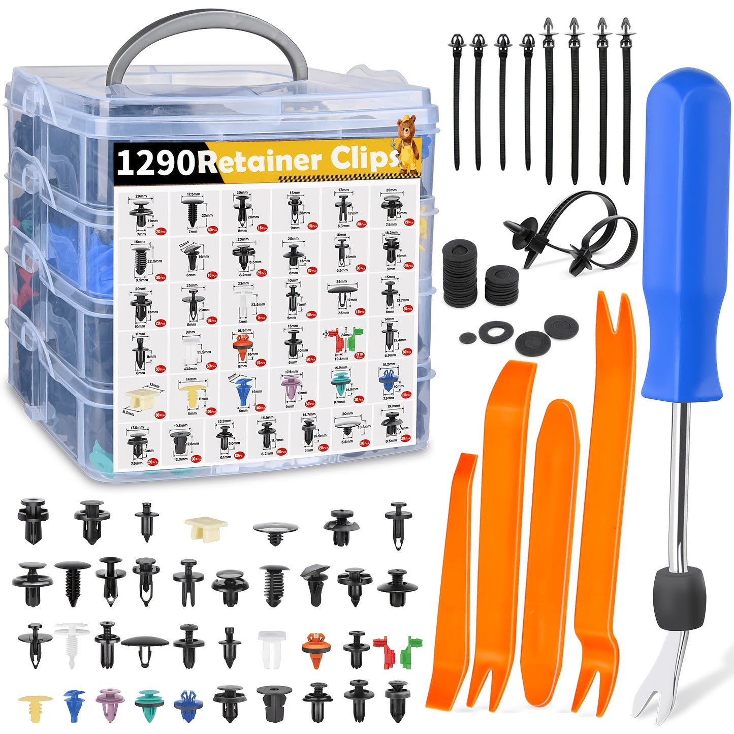 Car Push Retainer Clips Assortment Kit - 16 Sizes Nylon Bumper Fender Plastic Rivets & Auto Fasteners with Removal Tool & Cable Ties, Universal Fit for Most Vehicles (115 / 635 / 640 / 1290 Piece Set)
