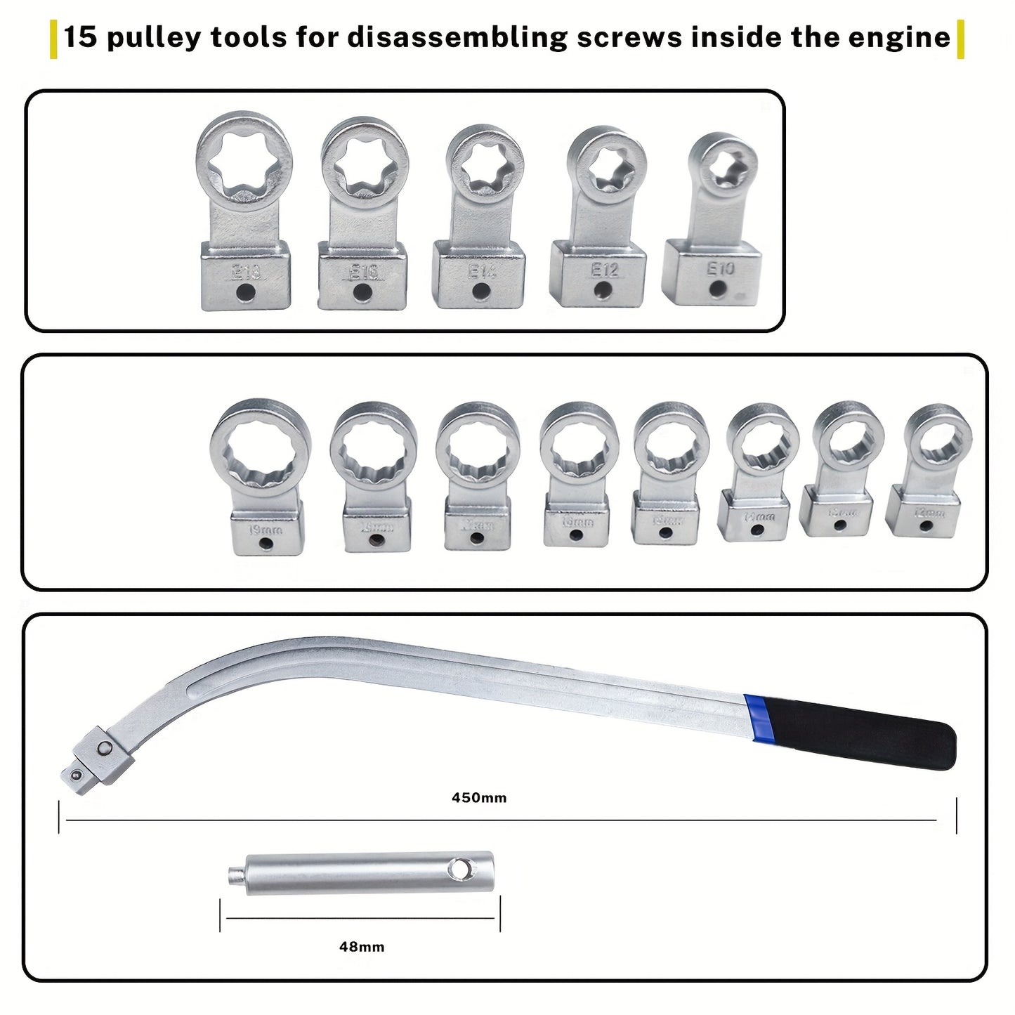 15pcs Auxiliary Belt Tensioner Pulley Removal Tool Kit, Engine Belt Removal Tool, Auxiliary Imitation Wheel Tensioner Pulley Removal Kit with Multi-Size Adapters & Carrying Case