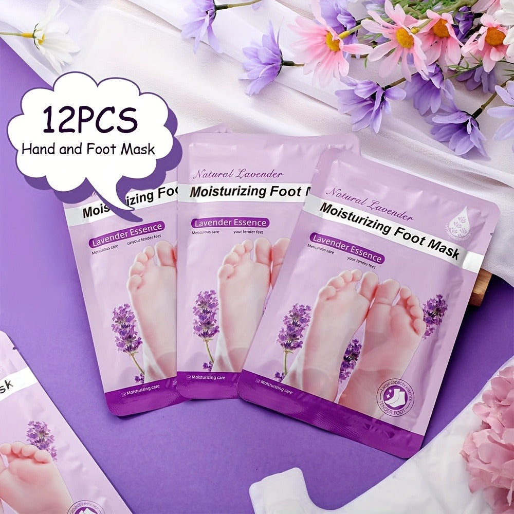 Hand and Foot Mask Set 12pcs Lavender Moisturizing — Deep Hydrating Gloves & Socks for Dry Cracked Skin, Non-Greasy Moisture Essence Treatment, Perfect Spa Gift for Women & Mom