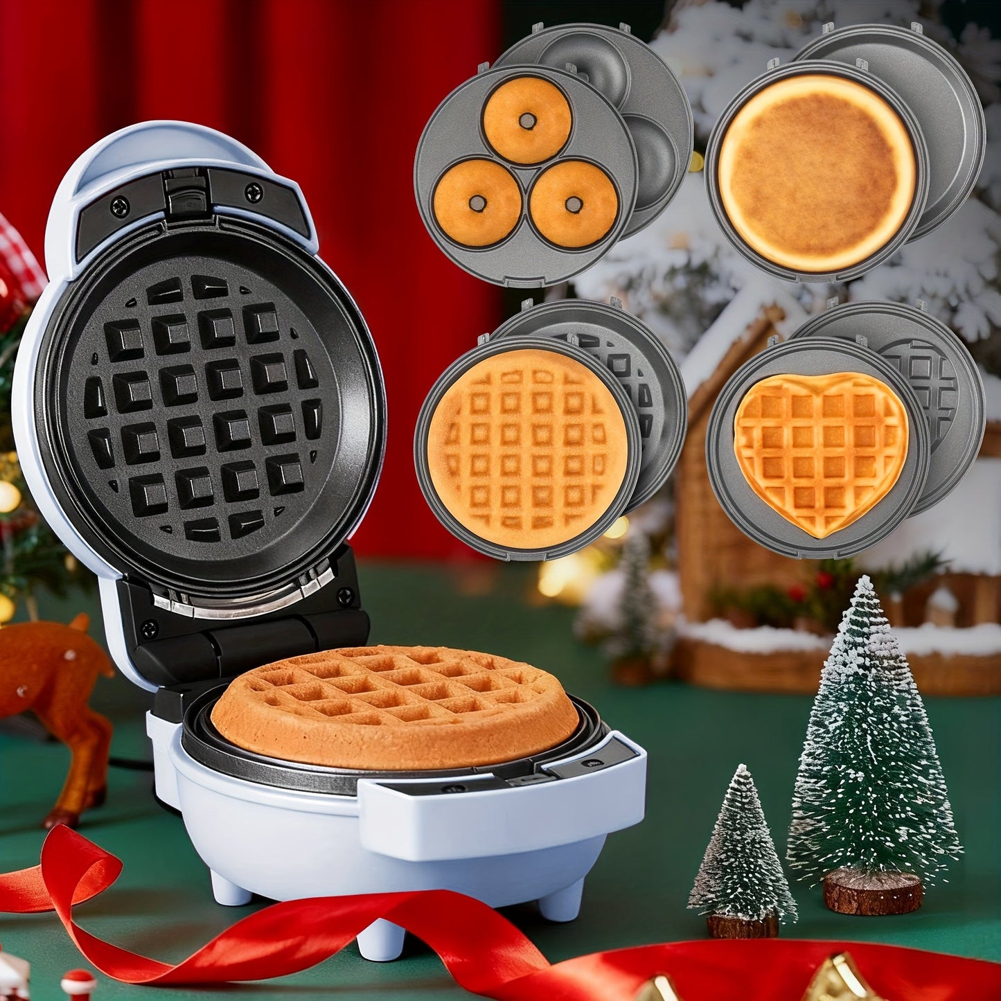 Mini Waffle Maker 4-in-1 with Removable Plates – Waffle, Pancake, Donut & Heart Shape, Non-Stick, Easy Clean, Recipe Included, Compact Breakfast Maker for Home