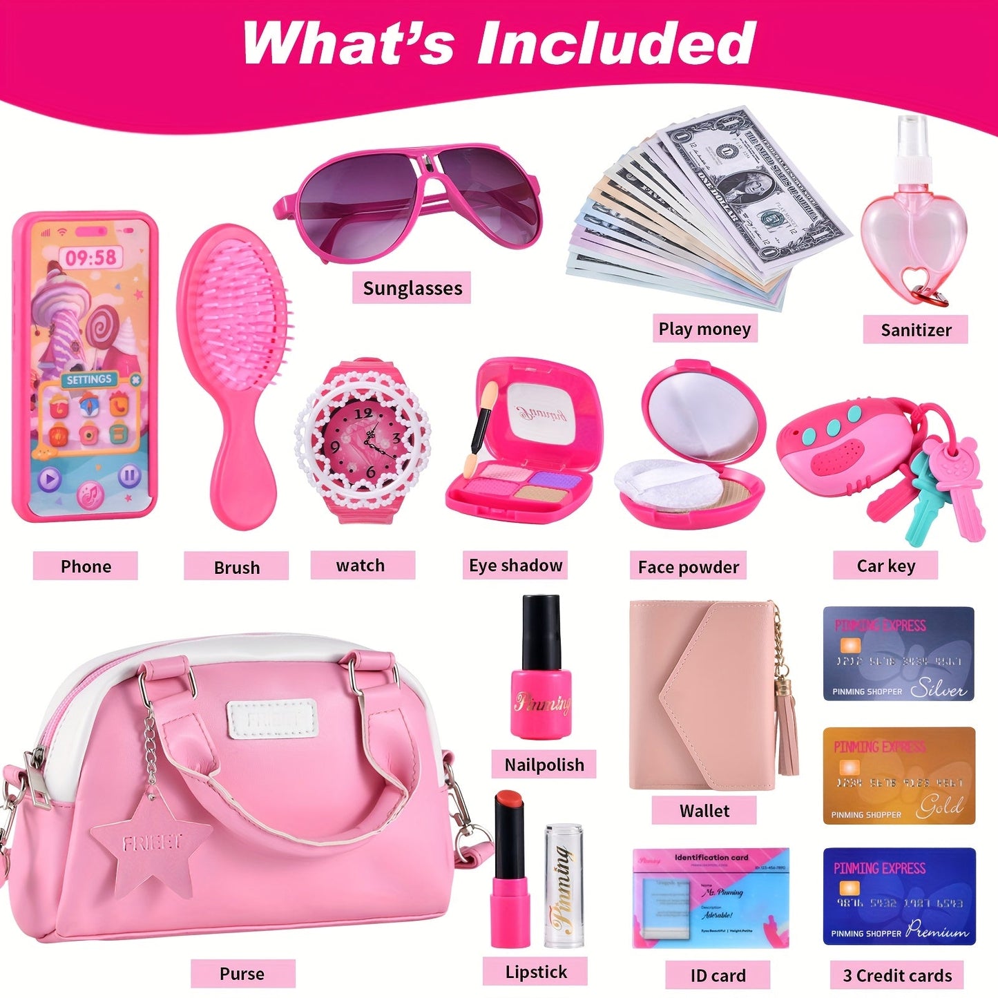 Pink Princess Play Purse Set for Girls – Pretend Makeup Handbag with Phone, Lipstick, Keys & Crossbody Bag, Safe No-Mess Toy, Birthday Christmas Gift for Girls Ages 3+