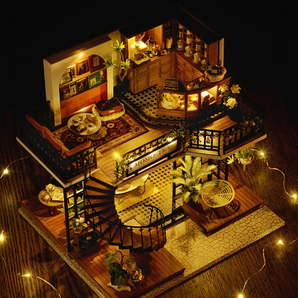 3D Wooden Miniature House Puzzle Model Kit Jungle Momo Tea – Handmade Retro DIY Craft No Glue No Battery Scene Building for Adults Teens Birthday Christmas Valentine Gift for Her