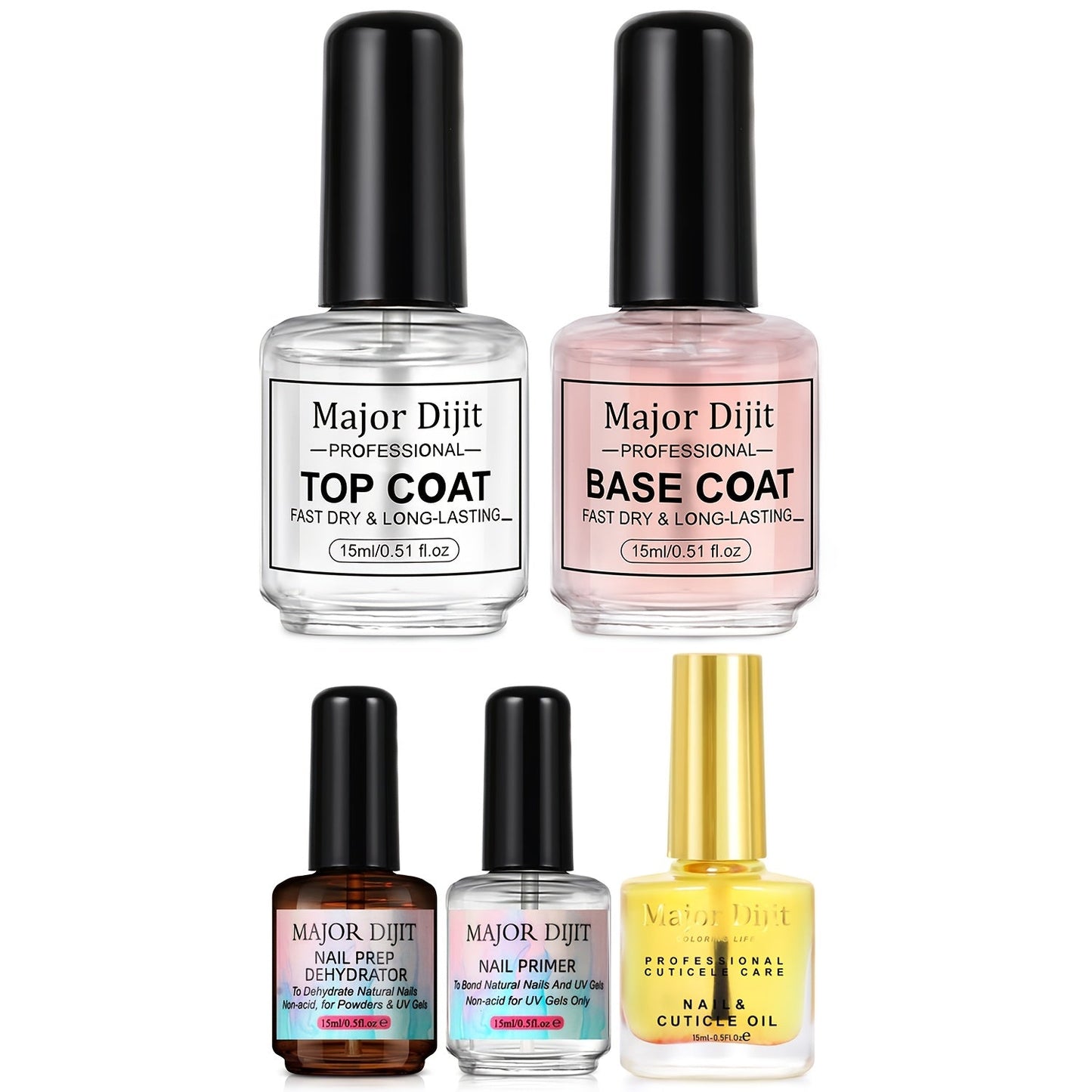 Nail Base Coat and Top Coat Kit — High Gloss Long-Lasting Air Dry Non-Gel Nail Care Set with Nutrient Oil & Drying Agent, Professional Home Manicure Treatment Essentials for Women (15ml / 0.5oz Each)