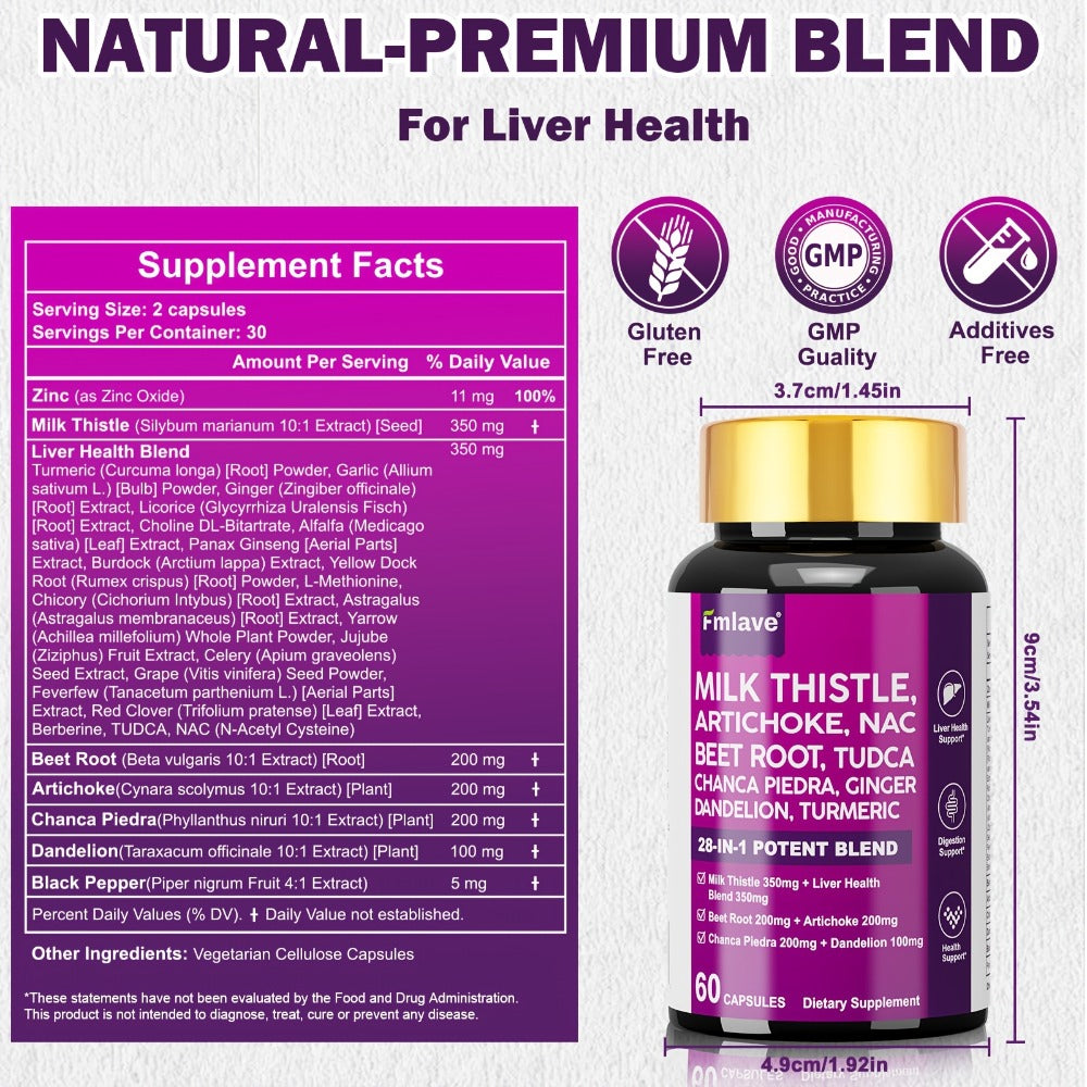 Liver Support Supplement 28-in-1 Ultimate Herbal Blend – Milk Thistle, Dandelion & Turmeric for Liver Cleanse, Detox & Digestive Health | All-Natural Formula for Men & Women | 1 Month Supply