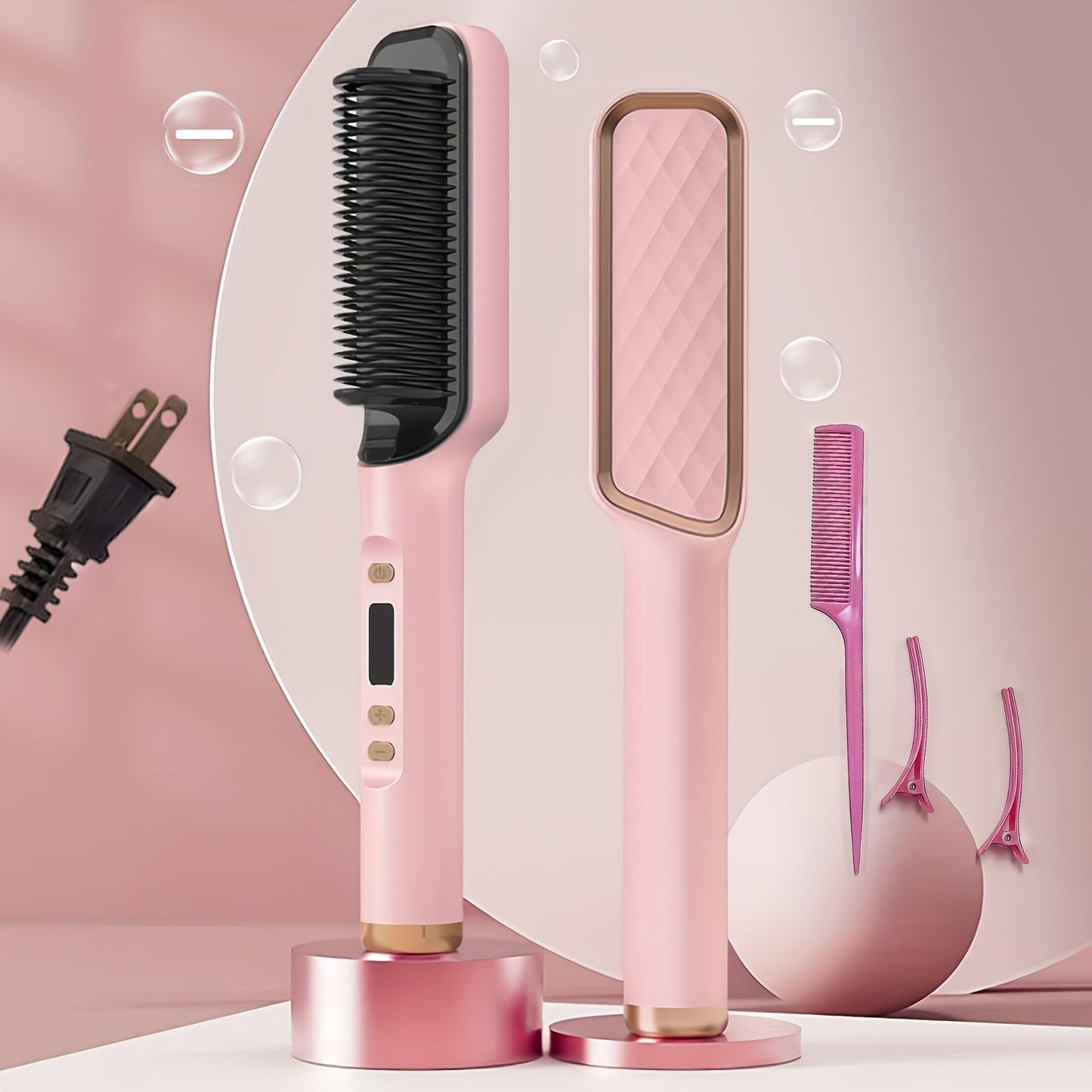 Wet Dry Hair Straightener Brush 2-in-1 Electric Straightening Comb – Multi-Temp Fast Heat Volumizing Styling Tool for Women All Hair Types, Purple Pink White Grey