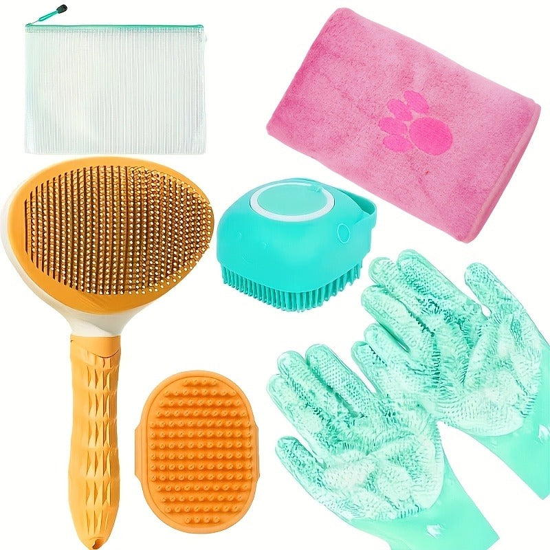 Dog Grooming Kit Set 6pcs – Pet Brush, Microfiber Towel, Washing Gloves & Shedding Tool, No Power Required, Essential Home Pet Care for Shiny Healthy Coat, Dogs & Cats