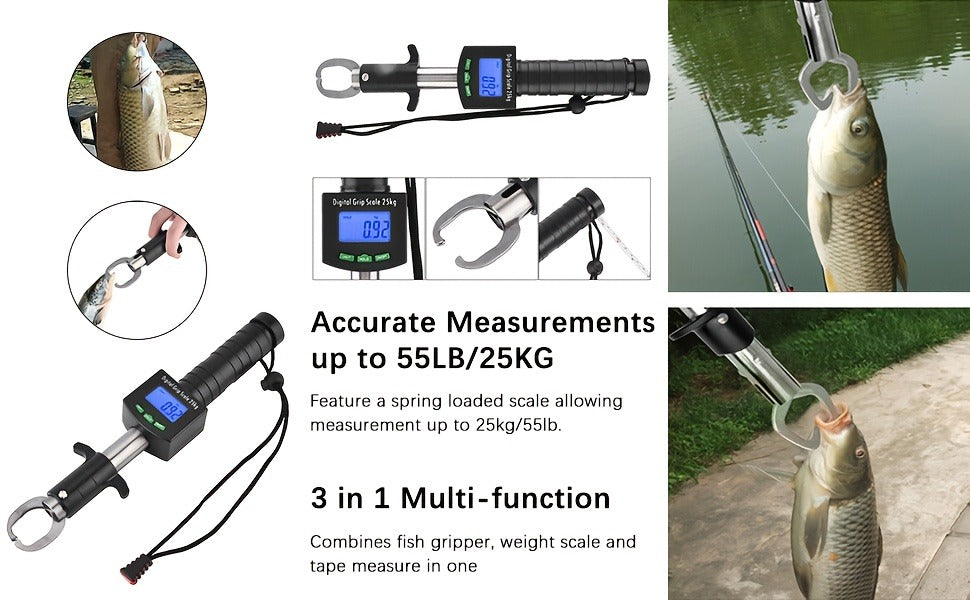 Digital Fishing Scale 25kg/55lb with Tape Measure - Portable Electronic Fish Weight Scale with LCD Display, Fish Mouth Clip & Stainless Steel Hook - Battery Included, Accuracy ±0.1kg