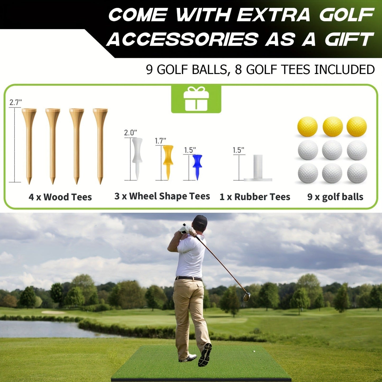 Golf Hitting Mat with Artificial Turf & Non-Slip EVA Base, Indoor Outdoor Golf Practice Mat Set with 9 Golf Balls 8 Tees & Rubber Tee, High-Elastic Chipping Driving Training Mat for All Skill Levels