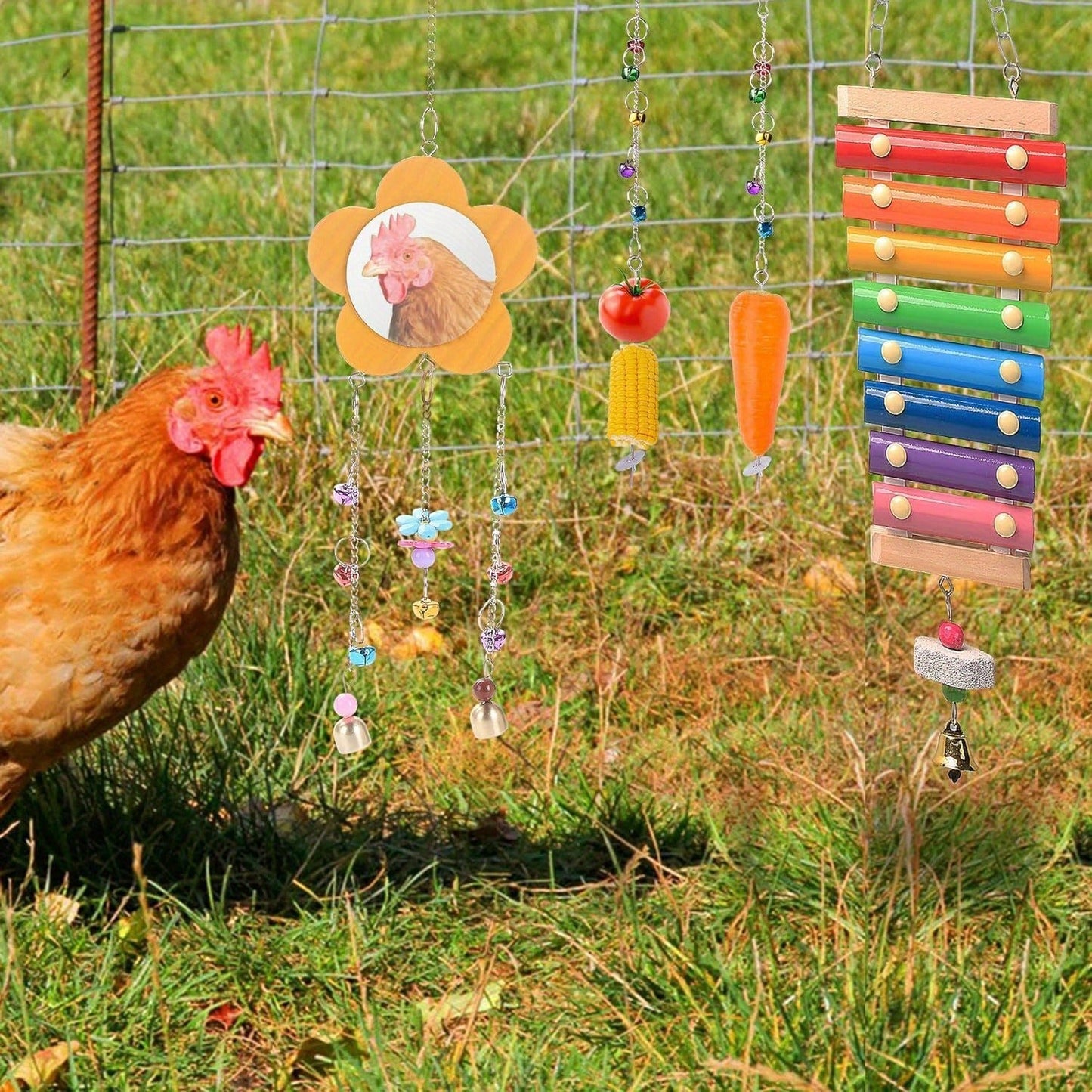 Chicken Coop Toys Set – Xylophone, Swing, Mirror, Step Ladder & Pecking Toys for Hens, Wood & Colorful Bead Enrichment Accessories for Backyard Chickens & Parrots, 5pcs or 9pcs