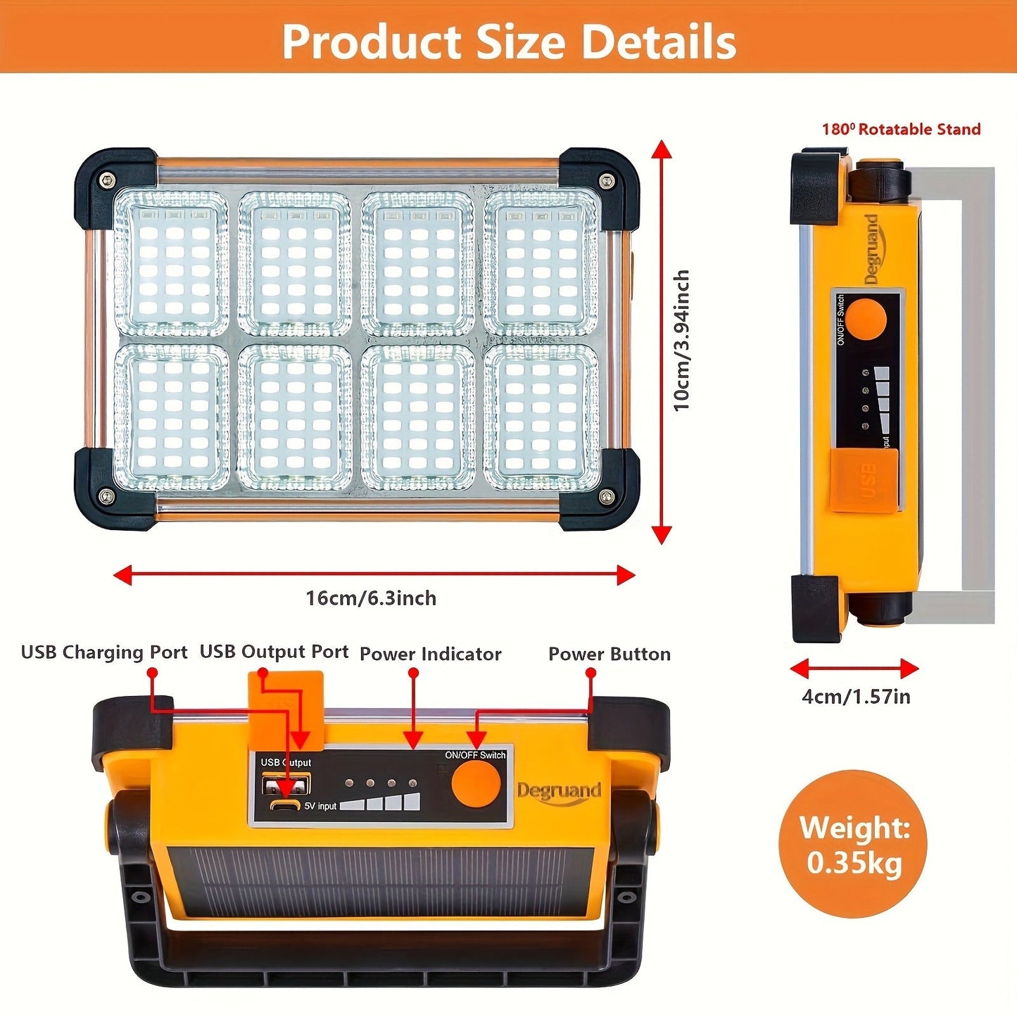 Solar Rechargeable LED Floodlight Flashlight, IP44 Waterproof 4500 Lumens Ultra-Bright Portable Camp Light, USB & Solar Dual Charging 2200mAh, 4 Modes Indoor Outdoor Lighting for Camping, Fishing & Car Maintenance