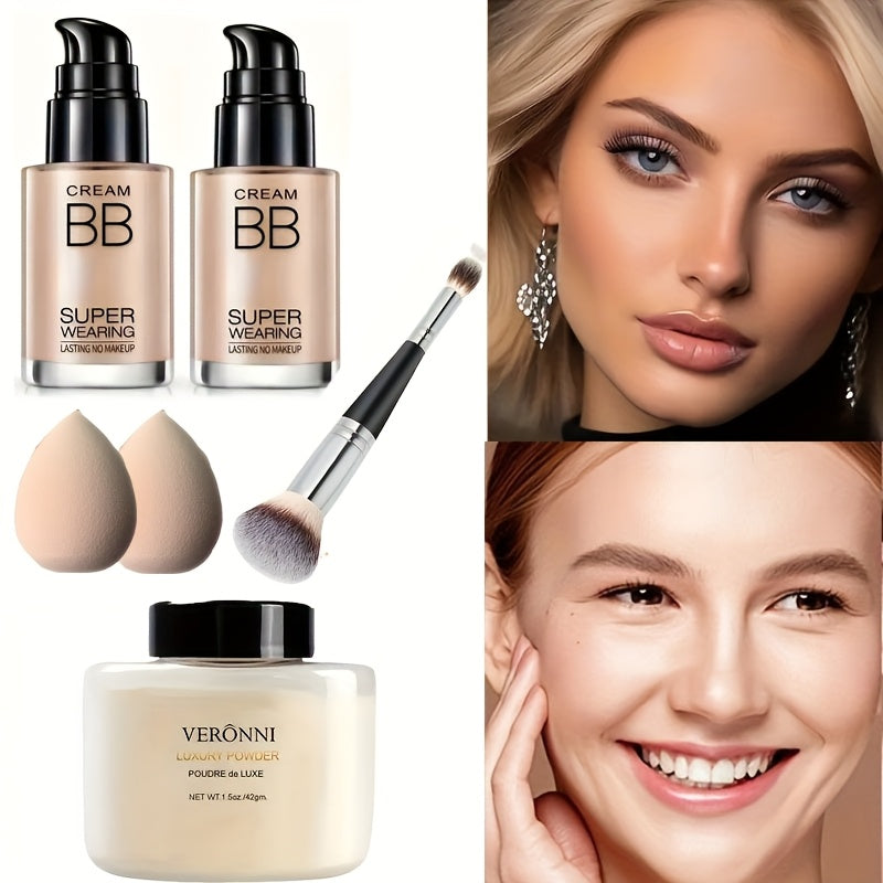 BB Cream Setting Powder Set 2 Pcs with Tools Moisturizing Concealer Oil Free Matte Long Lasting Face Makeup for Women Light Natural Skin Tone Birthday Holiday Gift