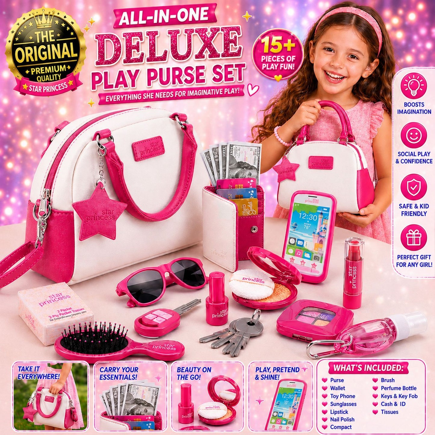 Girls Pretend Play Purse Set for Kids Ages 3-8 – 18+ Piece Princess Handbag with Toy Phone, Makeup, Wallet, Credit Cards & Keys, Role Play Accessories Birthday Christmas Gift for Girls