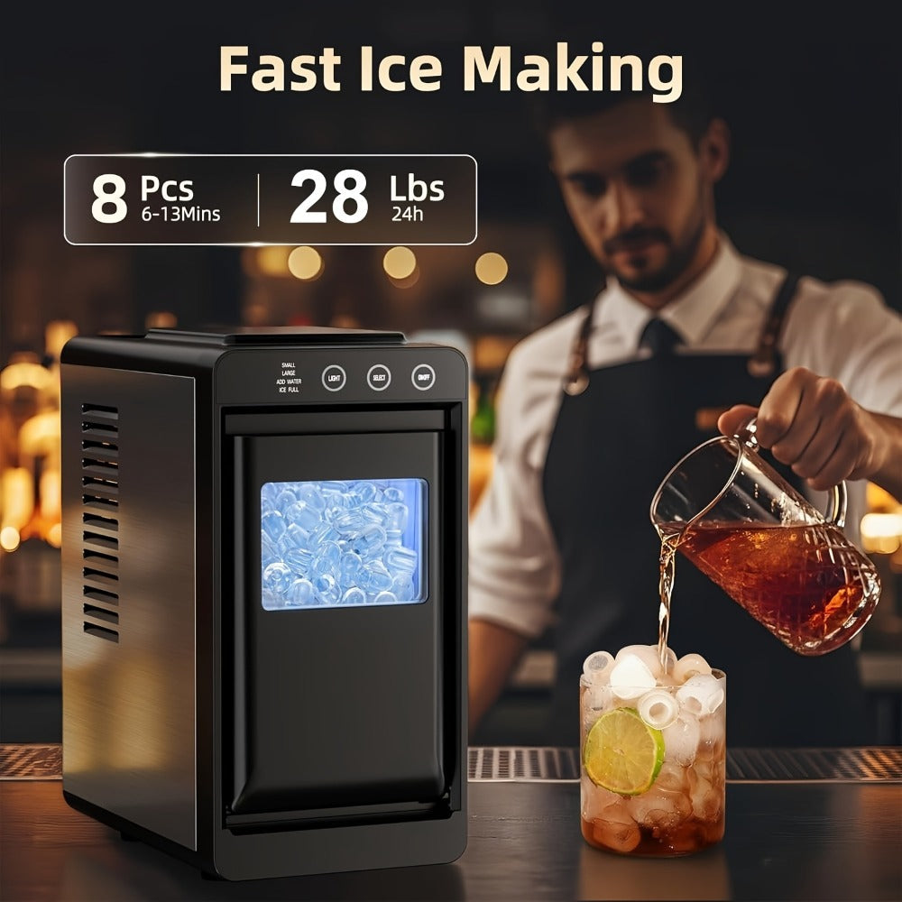 Portable Ice Machine – 28 Lbs/24Hrs, 8 Ice Cubes in 6 Mins, Self-Cleaning, Quiet Compact Countertop Ice Maker with 27oz Tank, 1.1lb Storage Basket & Scoop for Home, Kitchen, Camping & RV