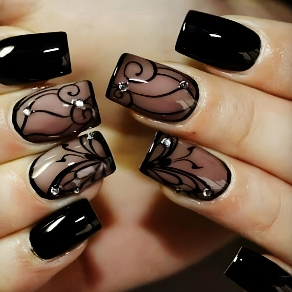 Black Press On Nails Short Square 96 Pieces – Ice Crack Crackle Design Glossy Full Cover Fake Nails for Women Girls | Edgy Alternative Nail Art Kit | Summer Party Concert Festival Set