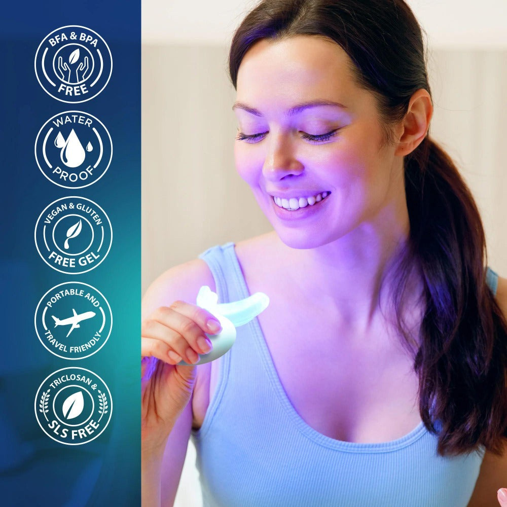 Wireless Teeth Whitening Kit with Gel Pen & 16-LED Blue Light — 40 Treatments, Oil Pulling Sachets, Removes Coffee Tea Wine Stains, Rechargeable Waterproof Mouthpiece for Brighter Smile at Home