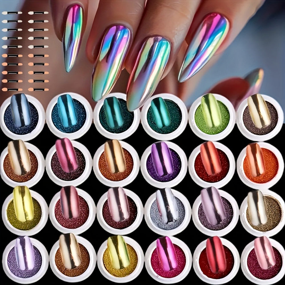 Chrome Nail Powder 24 Colors Set Holographic Mirror Effect Metallic Reflective Glitter Pigment for Gel Acrylic Nails DIY Manicure Art Decoration Non-Discoloring
